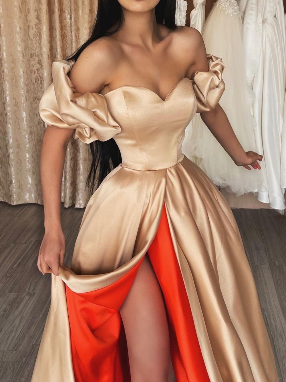 Unique champagne sweetheart satin long prom dress, champagne evening d – shdress