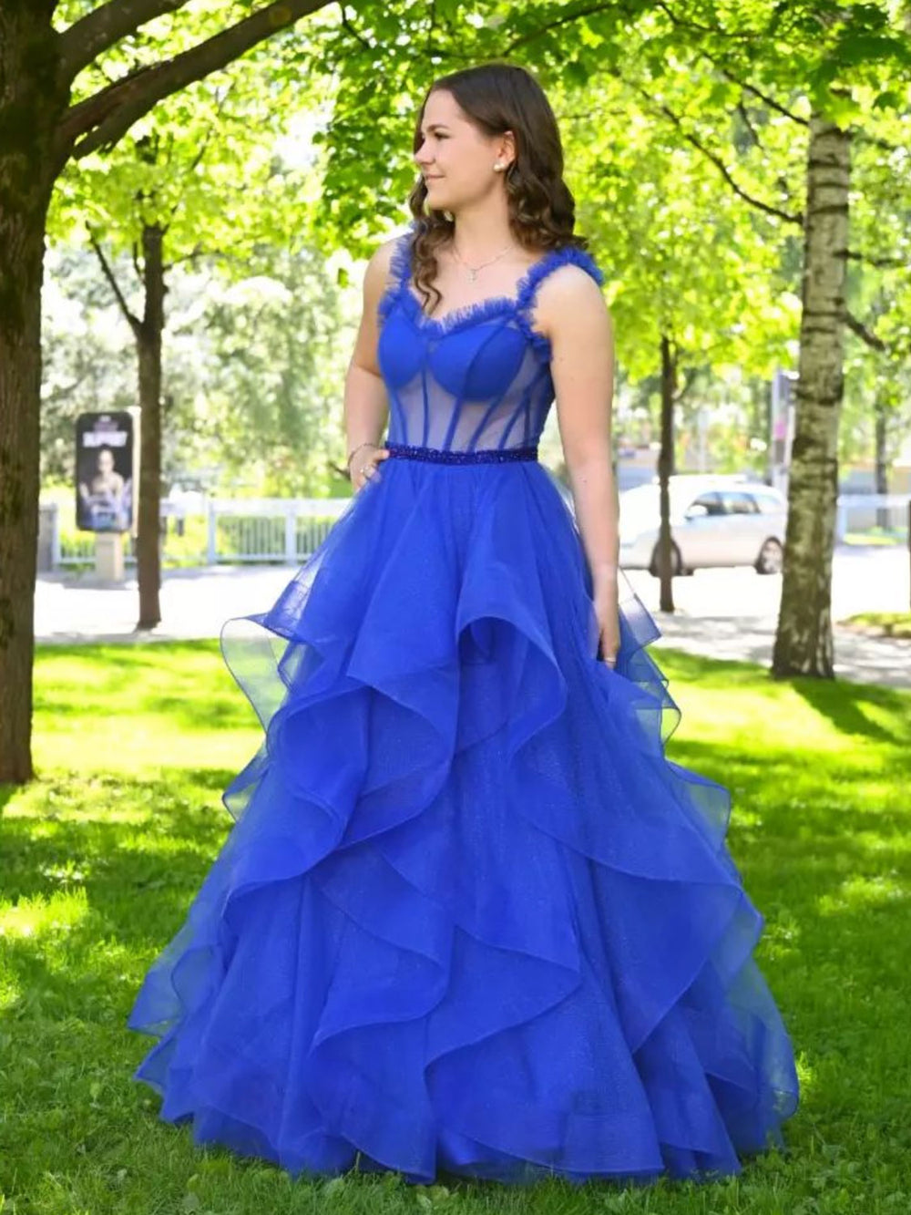 Blue  A line tulle long prom dress blue long formal evening dress