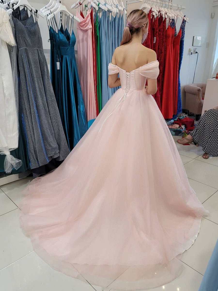 Pink tulle off shoulder long prom dress, pink tulle formal dress