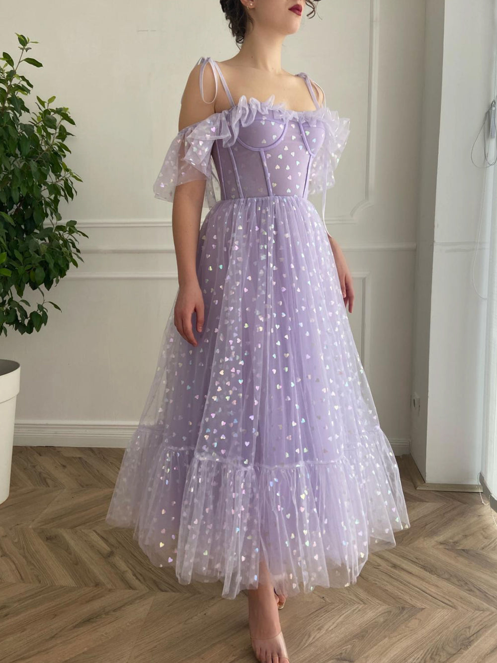 Purple tulle tea length prom dress, purple evening dress shdress Purple tulle tea length prom dress, purple evening dress shdress