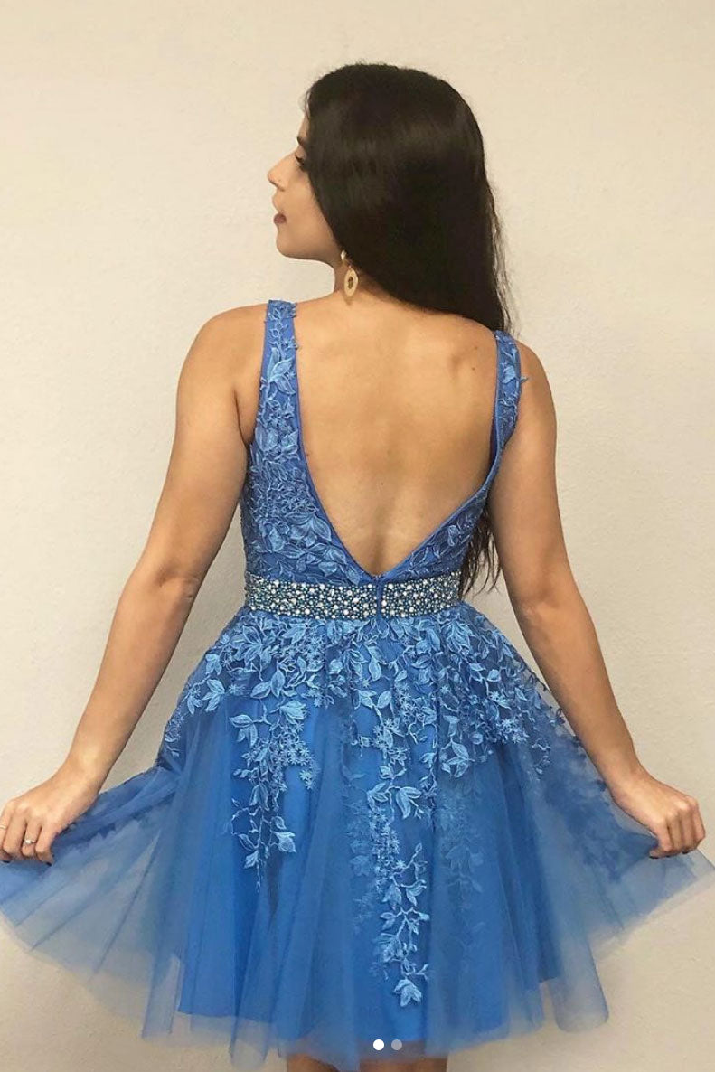 Blue v neck tulle lace short prom dress blue lace homecoming dress shdress Blue v neck tulle lace short prom dress blue lace homecoming dress shdress