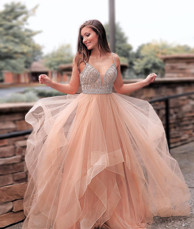 Champagne sweetheart tulle sequin long prom dress, evening dress - shdress