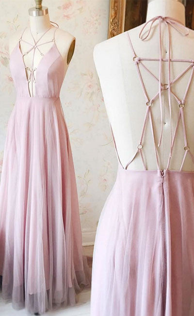 Unique Pink v neck long prom dress, pink evening dress - shdress