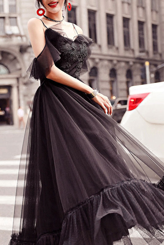 black lace tulle dress RAANANA BLACK LACE MIXED TULLE GOWN | CULT MIA