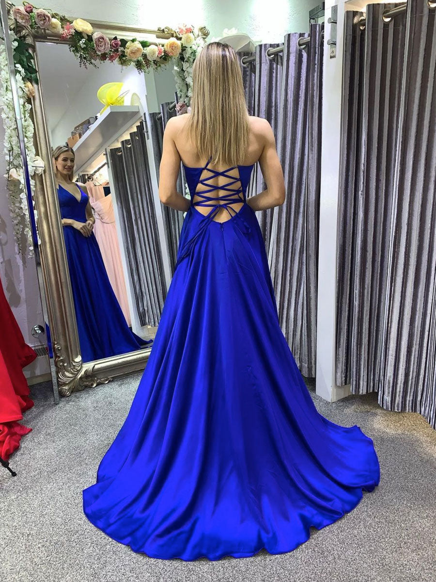 Simple A line blue long prom dress, backless blue evening dress