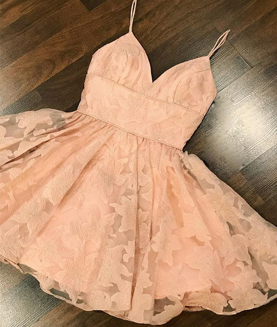 Pink sweetheart lace short prom dress, pink homecoming dress - shdress