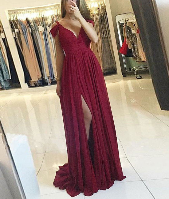 Burgundy off shoulder long prom dress, burgundy evening dress - shdress