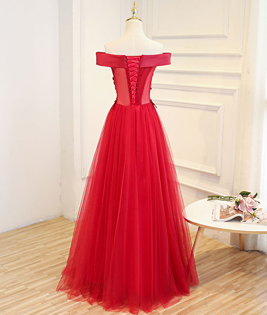 Simple red tulle lace applique long prom dress, red evening dress - shdress