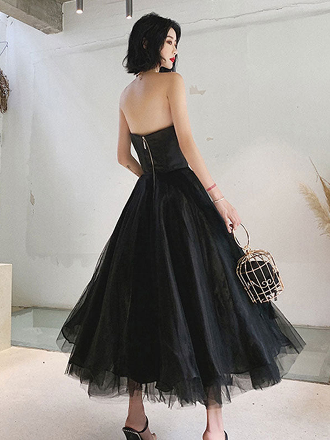 Simple black tulle tea length prom dress, black evening dress shdress Simple black tulle tea length prom dress, black evening dress shdress