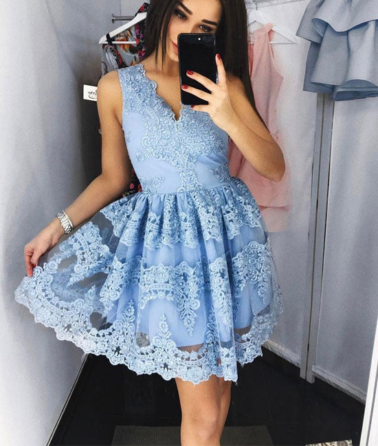 Cute blue lace short prom dress, blue lace homecoming dress shdress Cute blue lace short prom dress, blue lace homecoming dress shdress