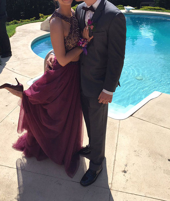 burgundy prom dress two piece Simple Burgundy Two Piece Spaghetti Straps Long Prom Dress with Pockets