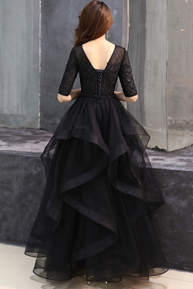 Black round neck tulle lace long prom dress, black formal dress shdress Black round neck tulle lace long prom dress, black formal dress shdress