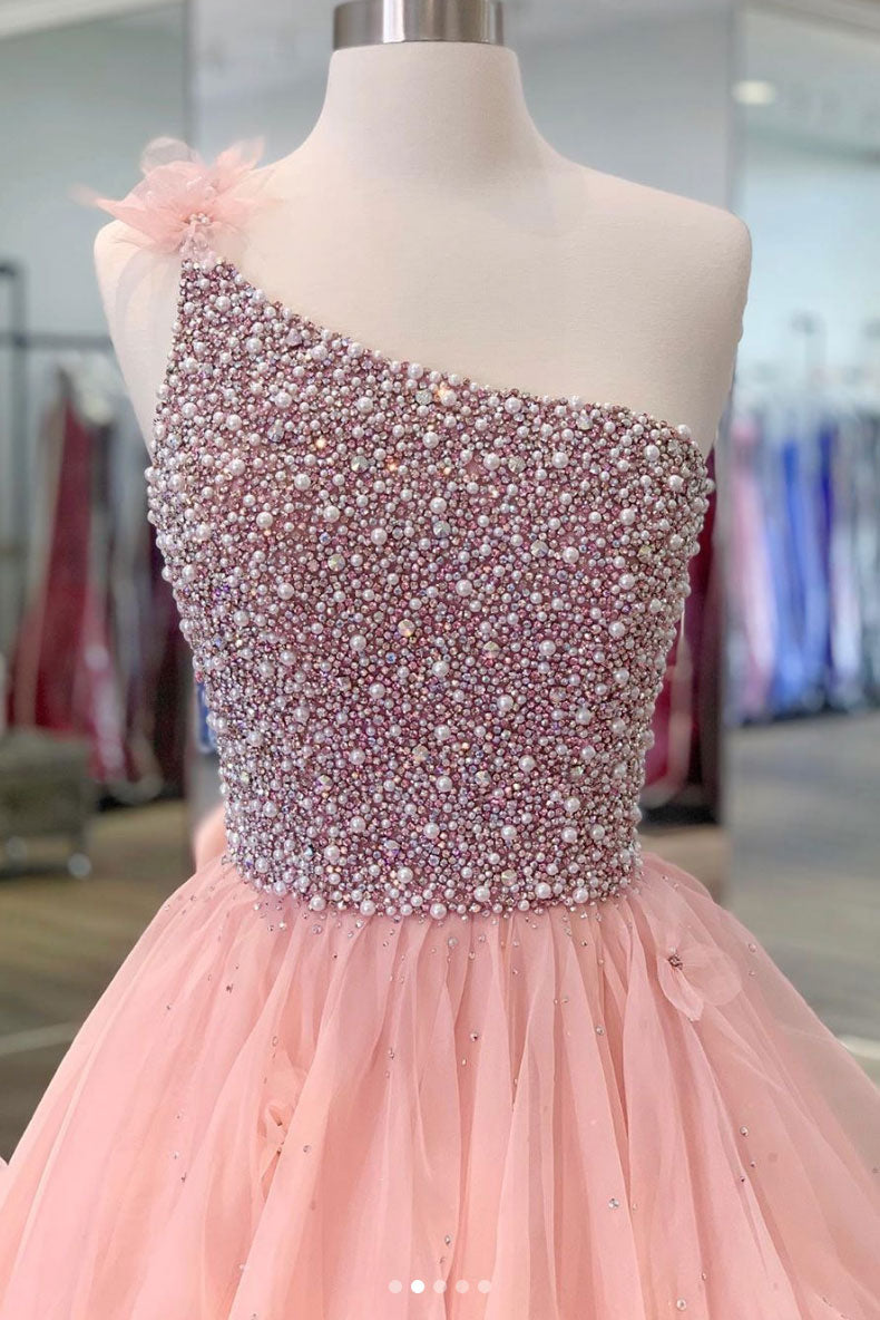 Pink one shoulder beads long prom dress pink evening dress shdress Pink one shoulder beads long prom dress pink evening dress shdress