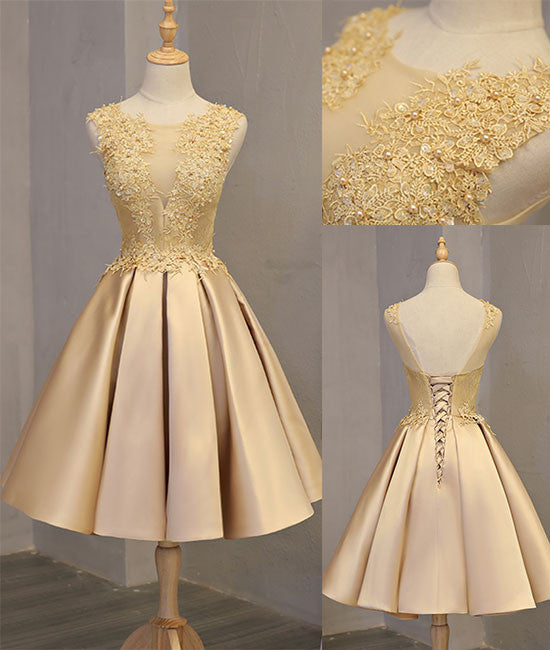 Cute gold lace short prom dress, cute gold homecoming dress - shdress