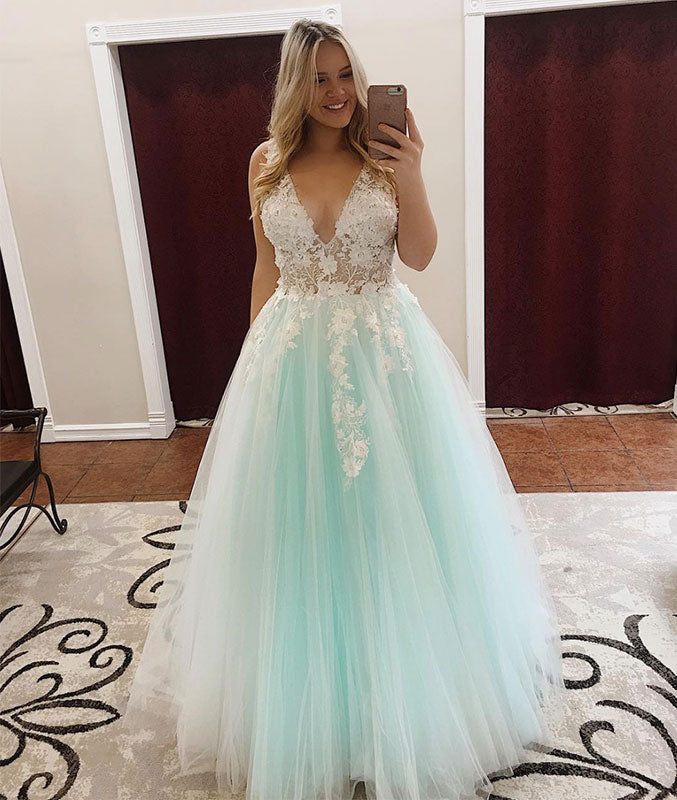 Green v neck lace tulle long prom dress, green tulle evening dress - shdress