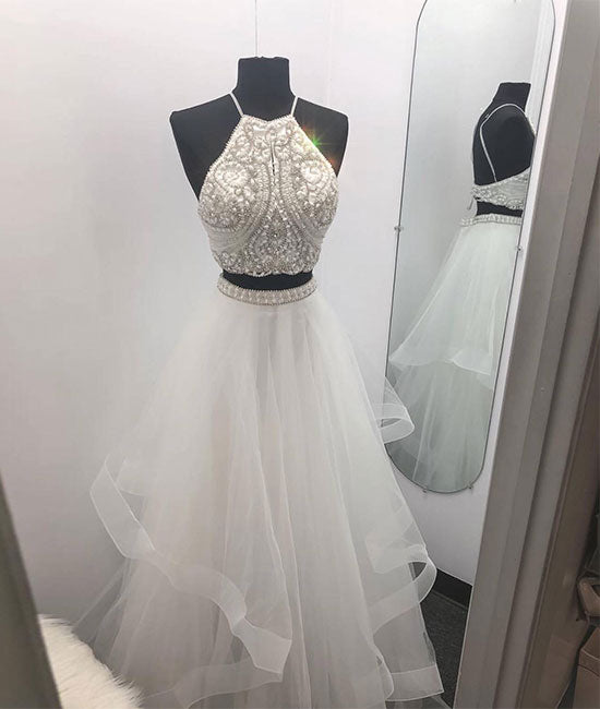 White two pieces tulle beads long prom dress, white evening dress shdress White two pieces tulle beads long prom dress, white evening dress shdress