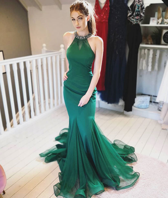Green tulle mermaid long prom dress, tulle evening dress - shdress