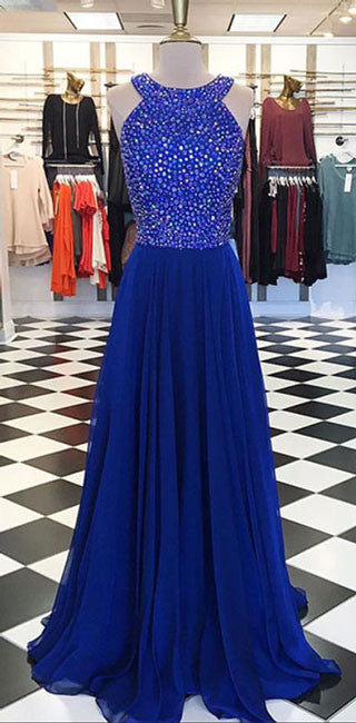 Royal blue round neck long prom dress, blue evening dress - shdress