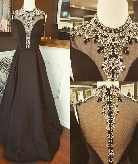 Black high neck sequin long prom dress, black evening dress - shdress