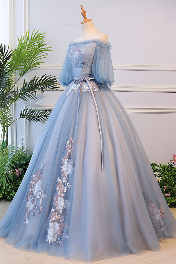 Unique blue tulle lace long prom dress, blue evening dress shdress Unique blue tulle lace long prom dress, blue evening dress shdress
