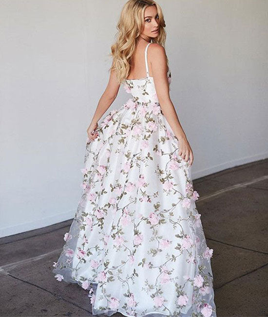 White v neck 3D applique long prom dress, white evening dress - shdress