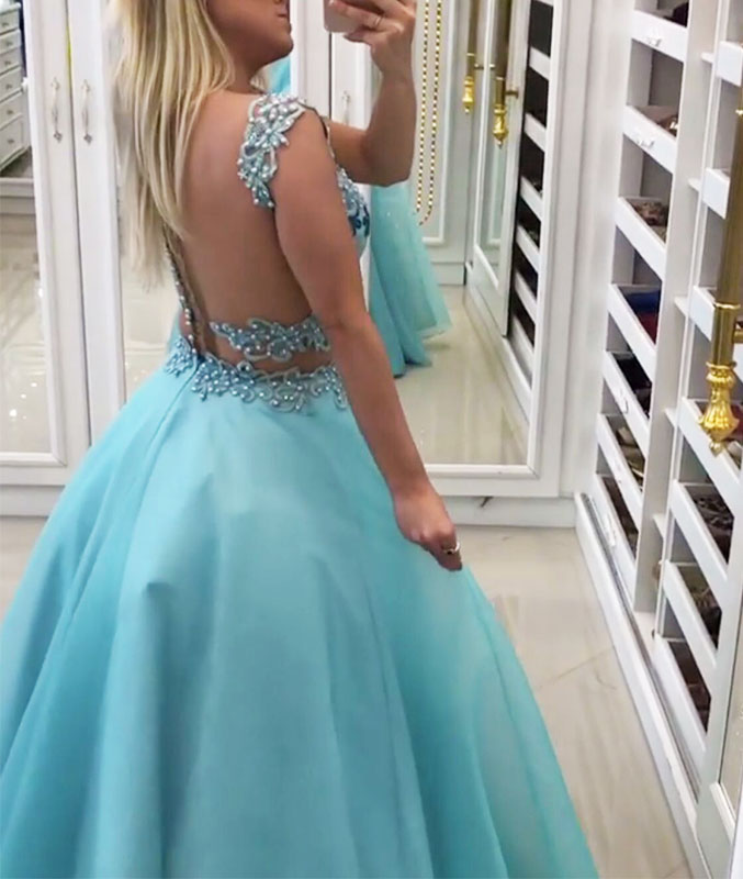 Blue sweetheart two pieces long prom dress, blue evening dress - shdress