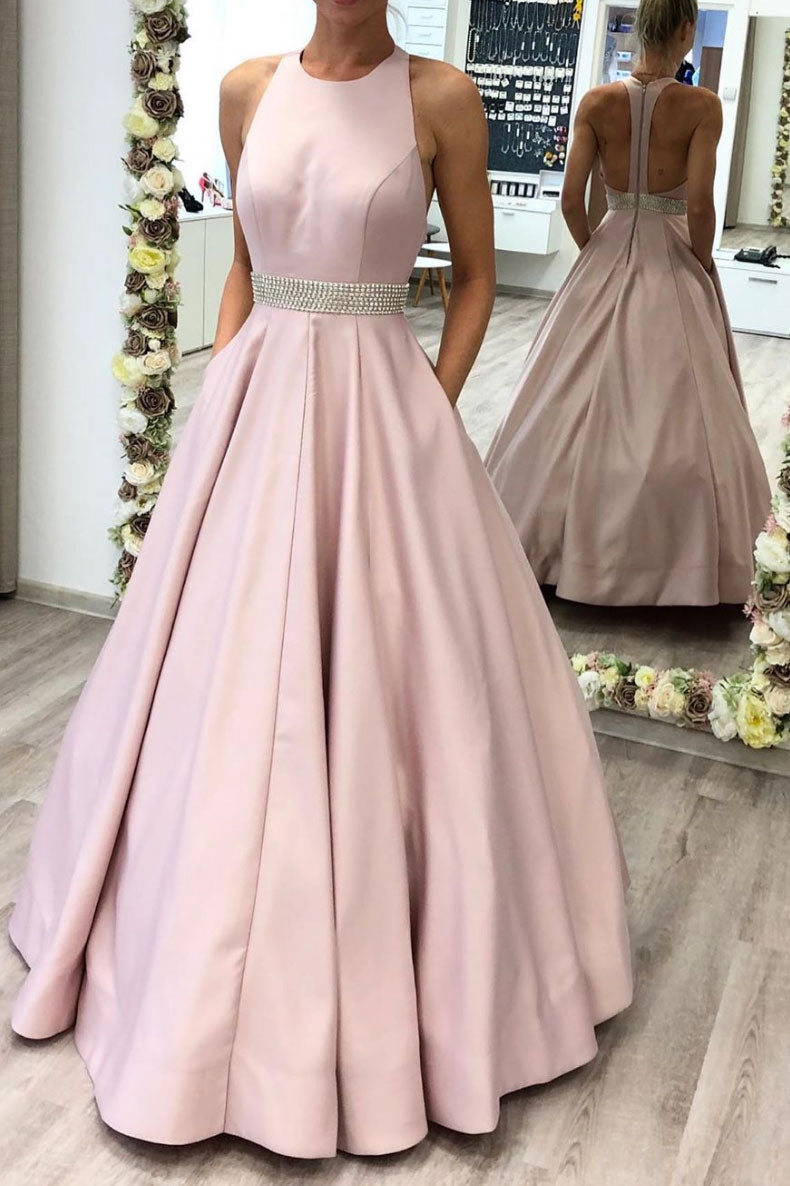 high neck satin prom dress Halter Satin Prom Dress CH079 Sparkly Gowns