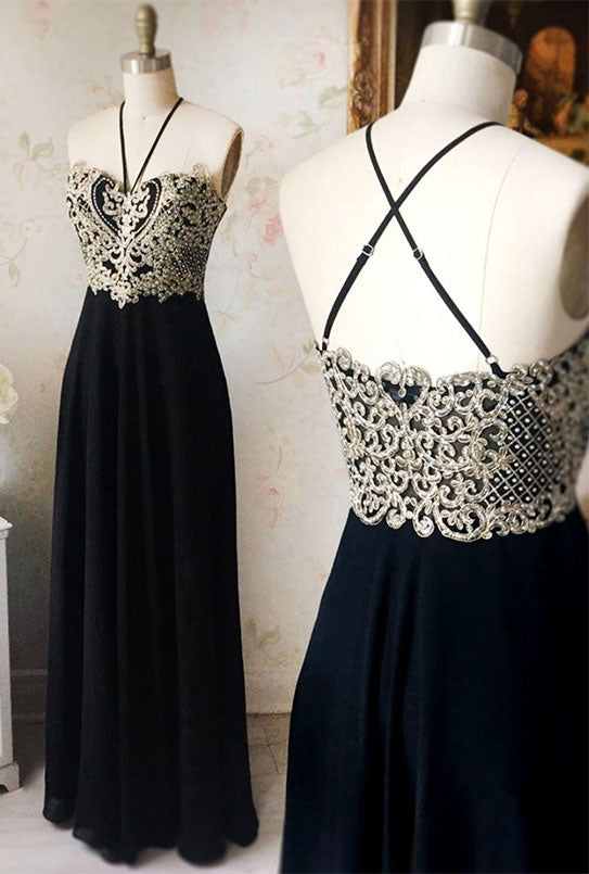 
                  
                    Black chiffon lace long prom dress, black evening dress - shdress
                  
                