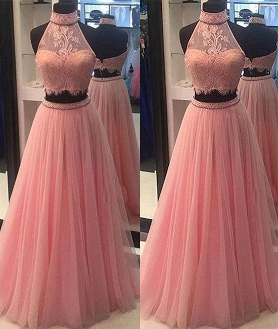 
                  
                    Pink two pieces lace tulle long prom dress, pink evening dress - shdress
                  
                