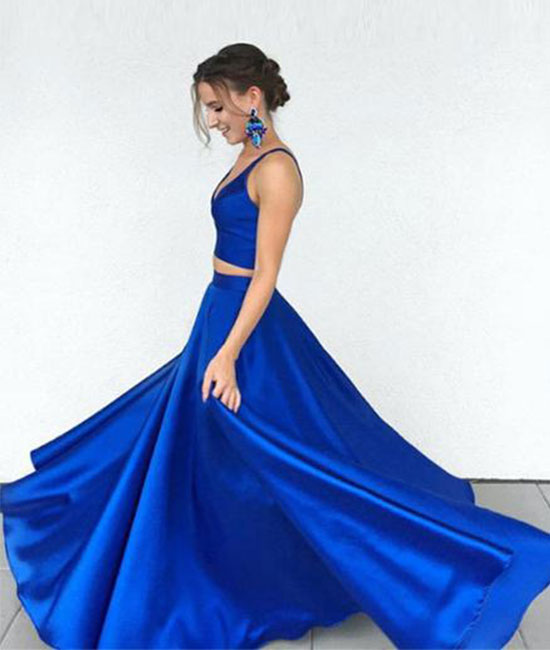 Simple two pieces blue satin long prom dress, blue evening dress - shdress
