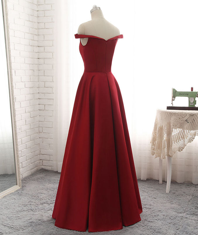 
                  
                    Simple burgundy off shoulder long prom dress, burgundy evening dress - shdress
                  
                