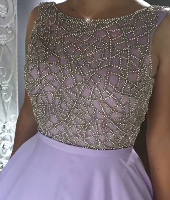 Unique round neck beads purple long prom dress, purple evening dress - shdress