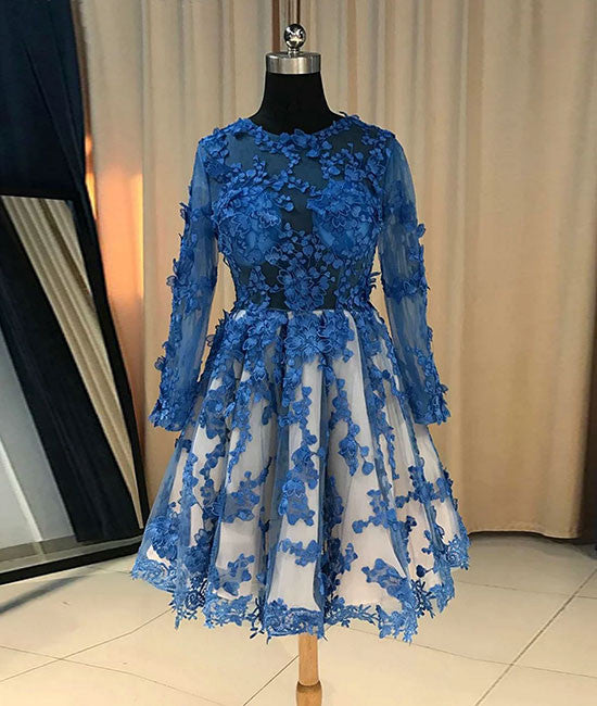 Blue lace short prom dress, blue lace bridesmaid dress - shdress