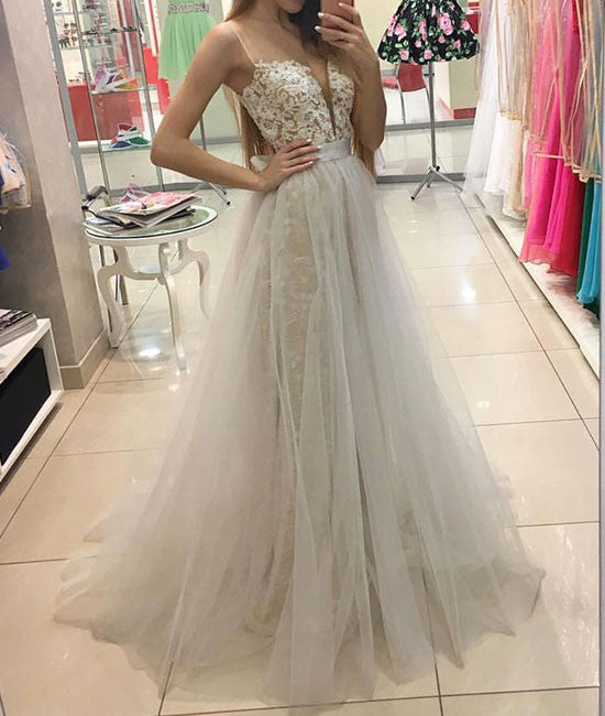 White sweetheart lace tulle long prom dress, white evening dress - shdress