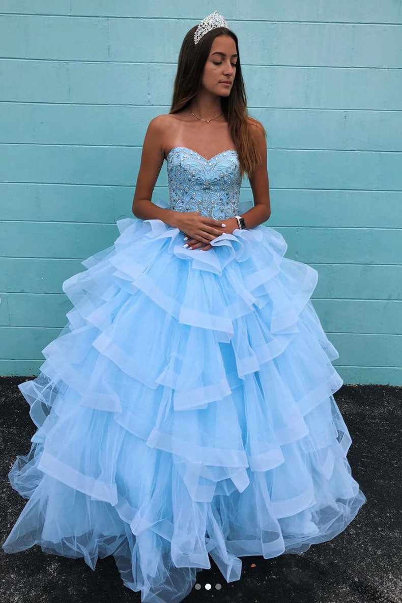 Blue sweetheart neck tulle beads long prom dress, blue evening dress shdress Blue sweetheart neck tulle beads long prom dress, blue evening dress shdress