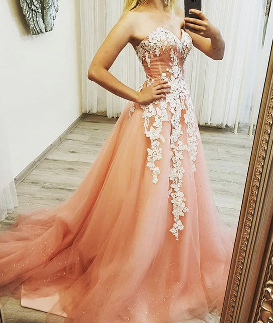 Pink sweetheart neck tulle lace applique long prom dress, evening dress - shdress