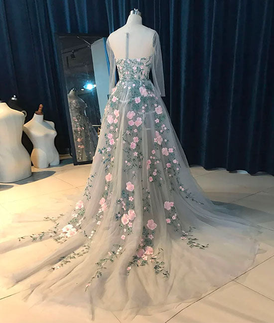 Gray tulle lace applique long prom dress, gray evening dress - shdress
