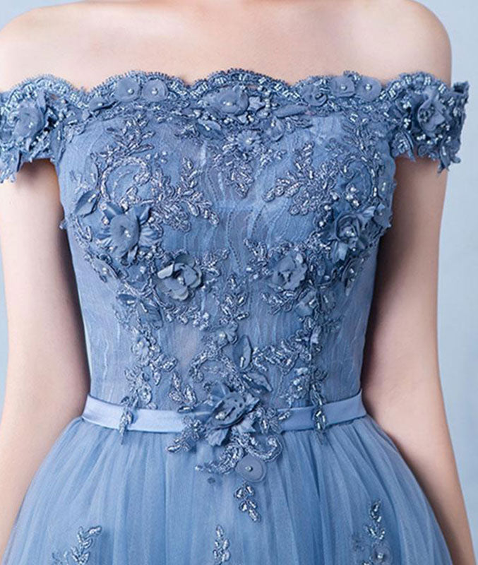 Elegant tulle lace applique long prom dress, blue evening dress - shdress