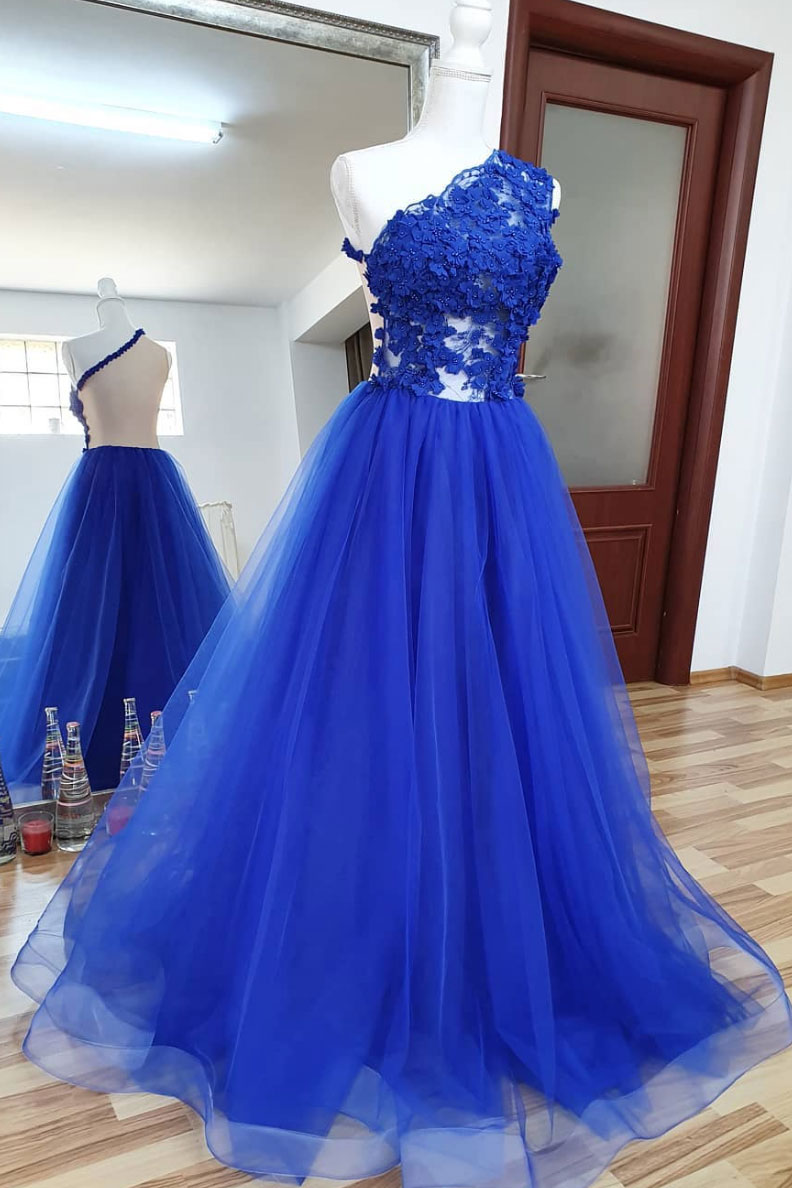 Blue tulle lace long prom dress blue tulle formal dress