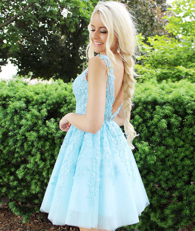 Blue v neck tulle lace short prom dress, blue tulle homecoming dress - shdress