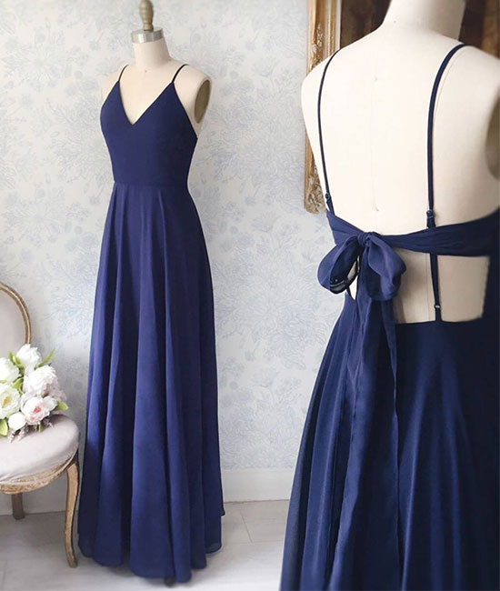 Simple v neck blue long prom dress, blue evening dress - shdress