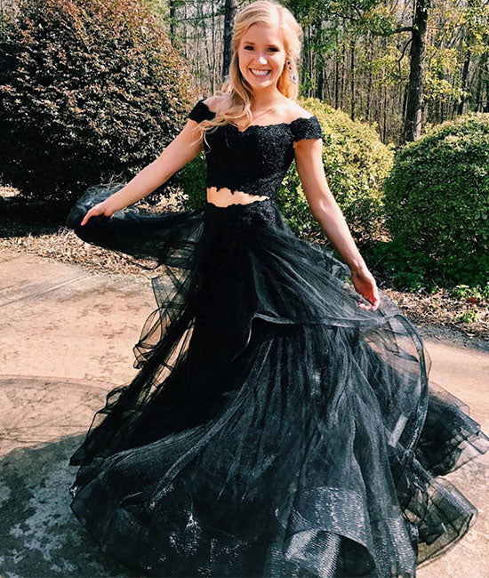 Black lace tulle two pieces long prom dress, black evening dress - shdress