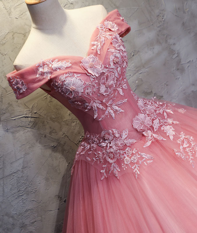 Pink sweetheart tulle lace applique long prom gown, sweet 16 dress - shdress