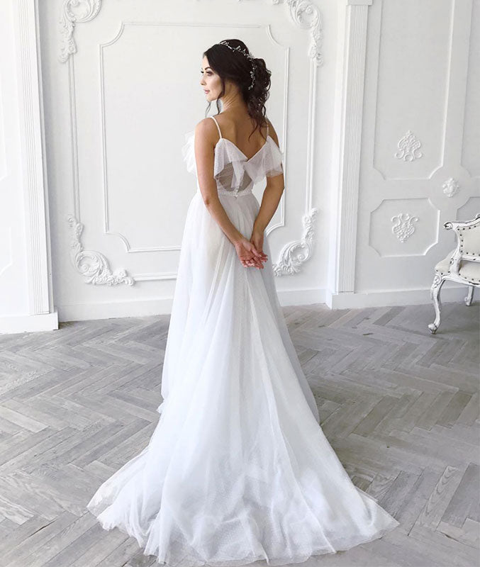 White chiffon sweetheart long prom dress, white evening dress - shdress