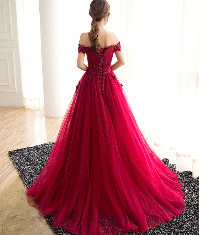 
                  
                    Burgundy tulle lace long prom dress, burgundy tulle evening dress - shdress
                  
                