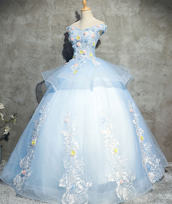 Blue tulle lace applique long prom gown, blue evening dress - shdress