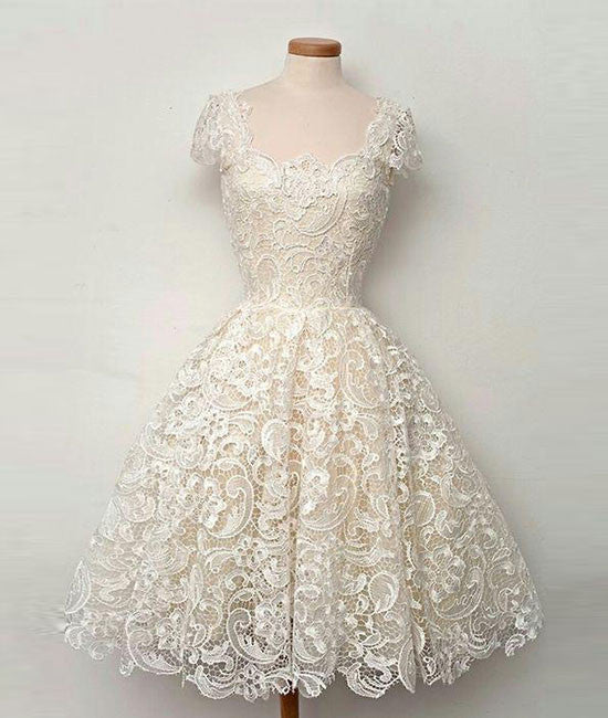 Cute white lace short prom dress, lace bridesmaid dress - shdress