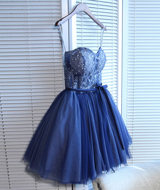 Blue sweetheart tulle lace short prom dress, homecoming dress - shdress
