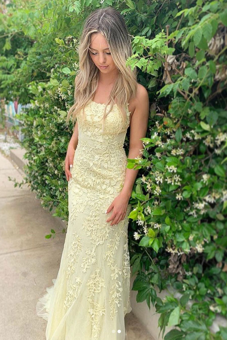Yellow tulle lace backless long evening dress, yellow prom dress shdress Yellow tulle lace backless long evening dress, yellow prom dress shdress