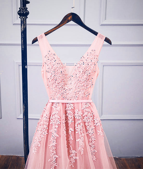 Pink v neck tulle lace applique long prom dress, pink bridesmaid dress shdress Pink v neck tulle lace applique long prom dress, pink bridesmaid dress shdress